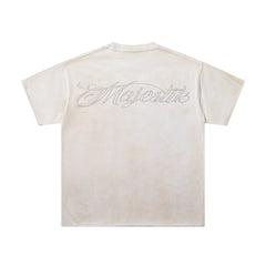 MAJESTIK Off‑White Washed Vintage Skeleton City Tour Graphic Band‑Style T‑Shirt