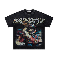 MAJESTIK Black Washed Vintage Mask‑Figure Double‑Sided Graphic Band‑Style T‑Shirt