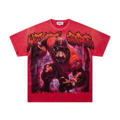 MAJESTIK Red Washed Monster Portrait Vintage Graphic T‑Shirt