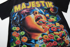 MAJESTIK Black Vintage Psychedelic Portrait Band‑Style Graphic T‑Shirt