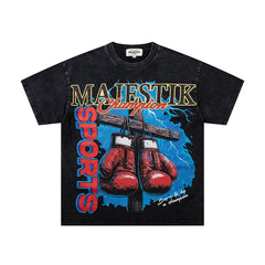 MAJESTIK Black Washed Vintage Boxing Gloves Graphic Band‑Style T‑Shirt