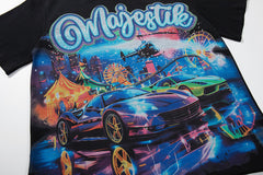 MAJESTIK Black Vintage Cyber Fantasy Cityscape Band‑Style Graphic T‑Shirt