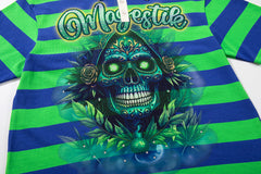 MAJESTIK Green Blue Stripe Monster Graphic Vintage Polo Shirt