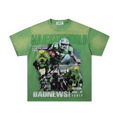 MAJESTIK Green Washed Vintage Football Athlete Double‑Sided Graphic Band‑Style T‑Shirt