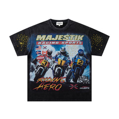 MAJESTIK Hero Motorcycle Rider Vintage Graphic T‑Shirt