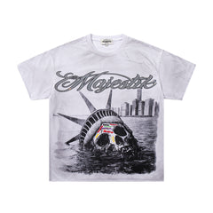 MAJESTIK Off‑White Washed Vintage Statue Of Liberty Tour Poster Double‑Sided Band‑Style T‑Shirt