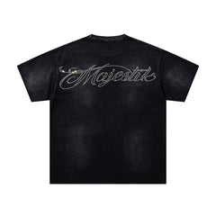 MAJESTIK Black Washed Vintage Knight‑Horse Double‑Sided Graphic Band‑Style T‑Shirt