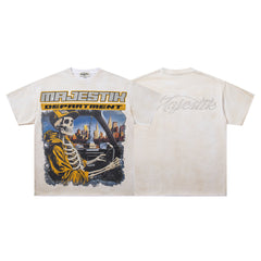 MAJESTIK Off‑White Washed Vintage Skeleton City Tour Graphic Band‑Style T‑Shirt