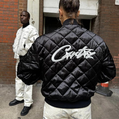 Black Diamond Quilted Bomber Jacket Script Logo Streetwear Padded Coat
