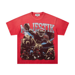 MAJESTIK Red Washed Vintage Tour‑Theme Double‑Sided Band‑Style Graphic T‑Shirt