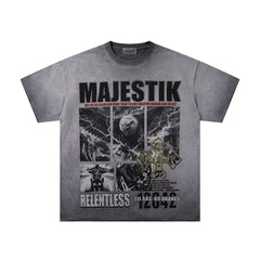MAJESTIK Grey Black Washed Vintage Portrait Totem Double‑Sided Graphic Band‑Style T‑Shirt