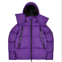 Purple Hooded Puffer Jacket Text Graphic Heavy Bubble Coat Streetwear
