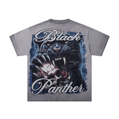 MAJESTIK Washed Grey Black Panther Vintage Graphic T‑Shirt