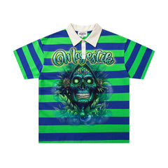 MAJESTIK Green Blue Stripe Monster Graphic Vintage Polo Shirt