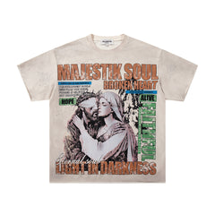 MAJESTIK Khaki Washed Vintage Portrait Band‑Style Graphic T‑Shirt