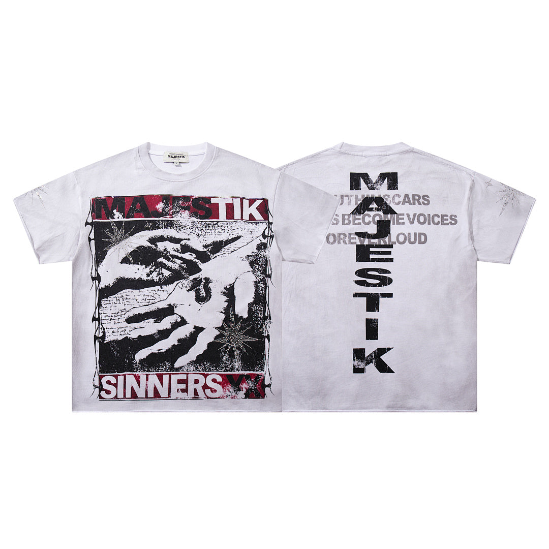 MAJESTIK Off‑White Washed Vintage Hand Graphic Double‑Sided Band‑Style T‑Shirt