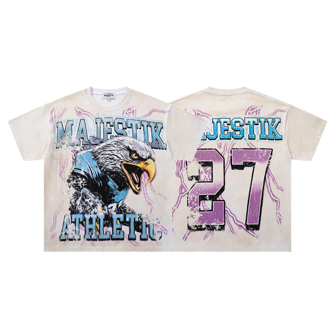 MAJESTIK Off‑White Washed Vintage Eagle Number 27 Athletic Double‑Sided Graphic Band‑Style T‑Shirt