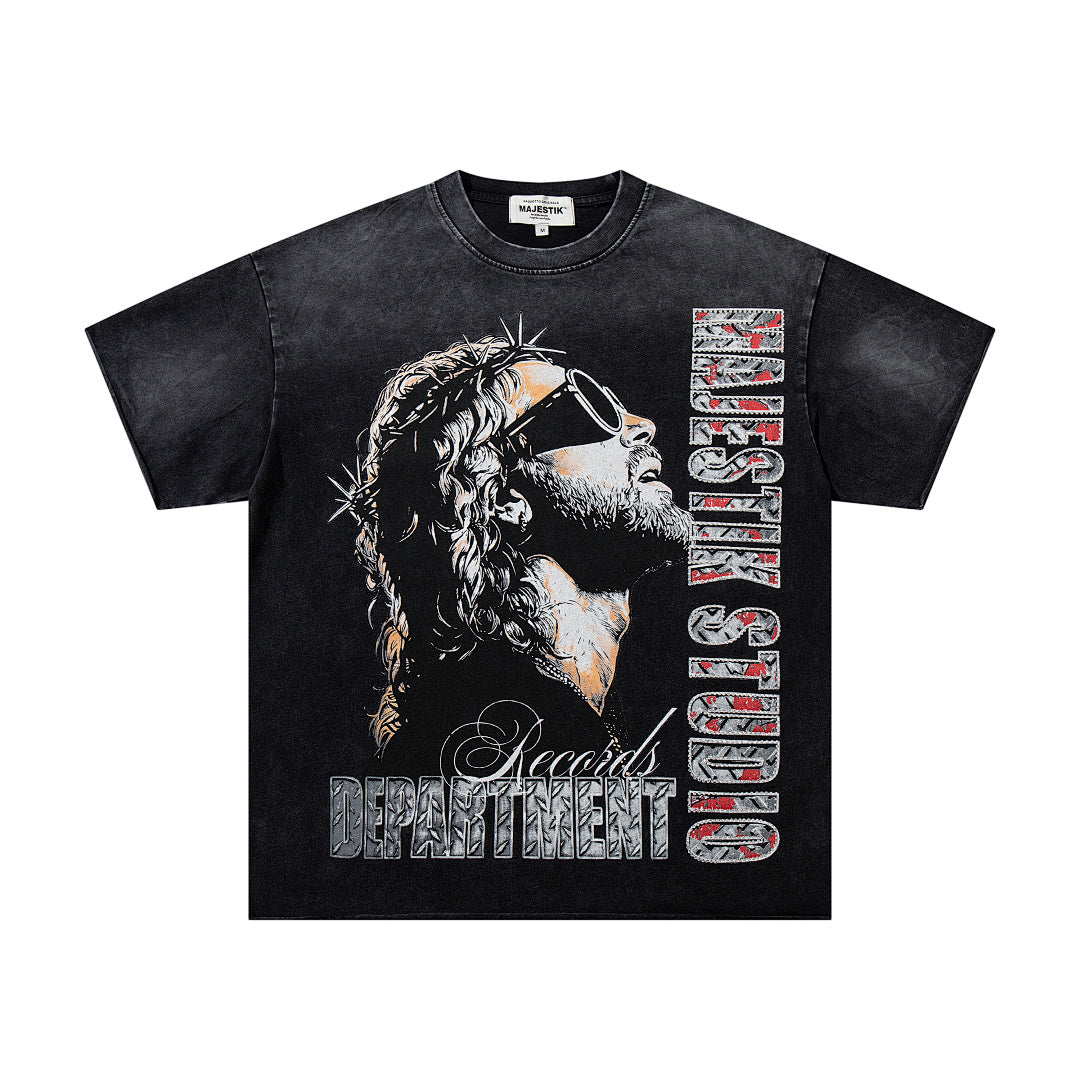 MAJESTIK Black Washed Vintage Eagle Raptor Double‑Sided Graphic Band‑Style T‑Shirt
