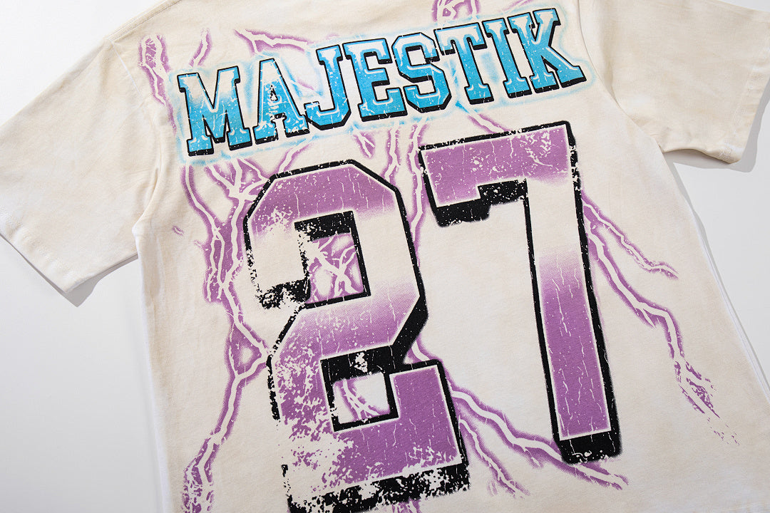 MAJESTIK Off‑White Washed Vintage Eagle Number 27 Athletic Double‑Sided Graphic Band‑Style T‑Shirt