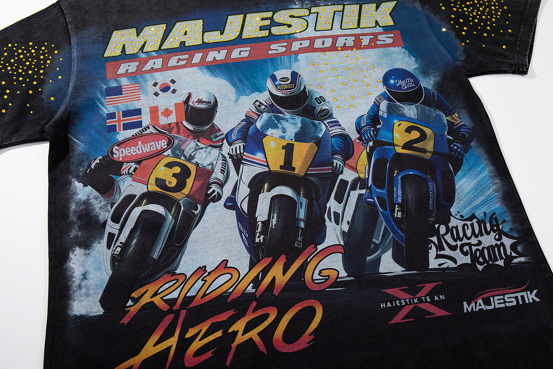 MAJESTIK Hero Motorcycle Rider Vintage Graphic T‑Shirt