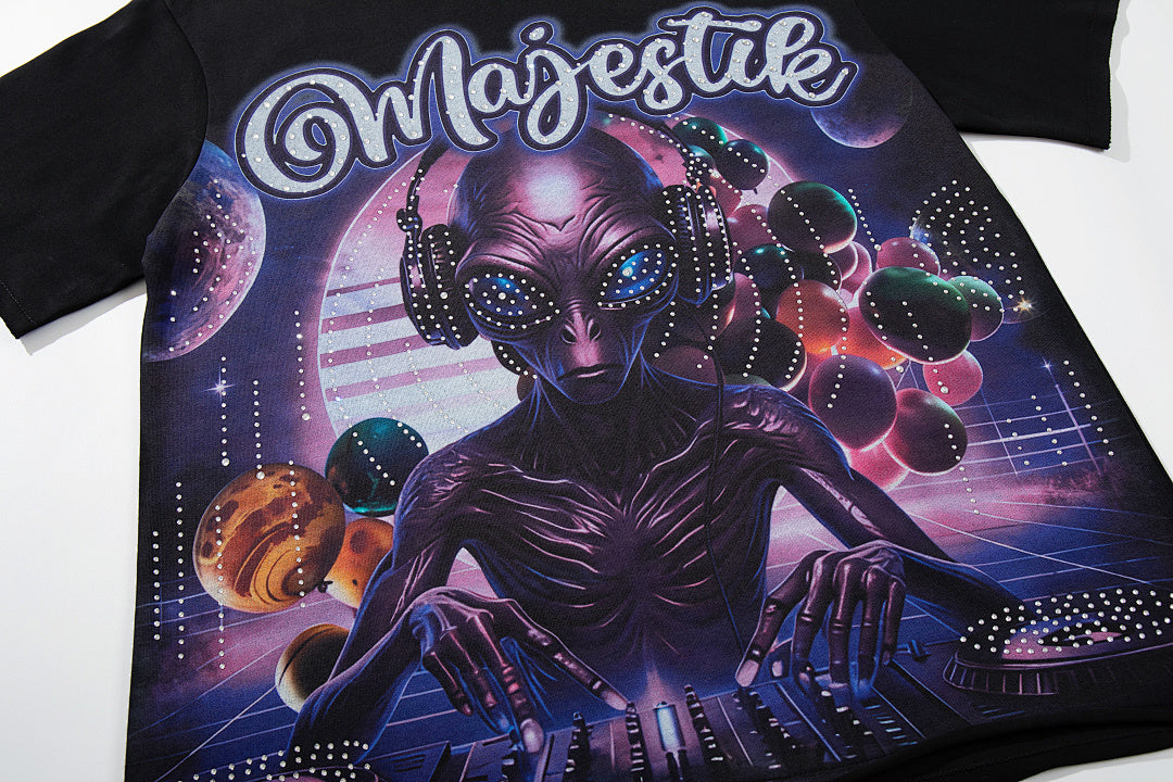 MAJESTIK Black Vintage Sci‑Fi Alien Mecha Band‑Style Graphic T‑Shirt