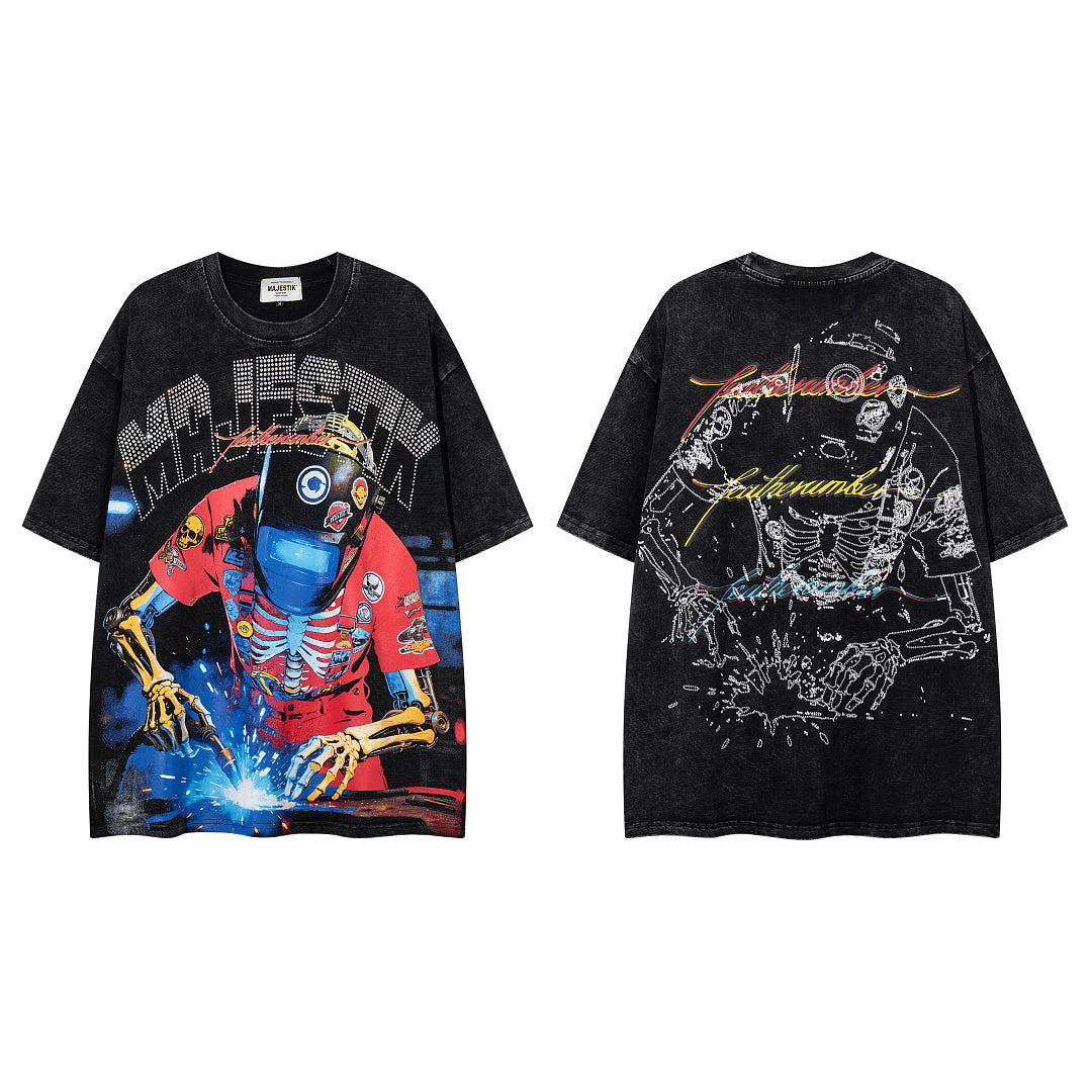 MAJESTIK Vintage Black Skeleton Robot Double‑Sided Graphic T‑Shirt