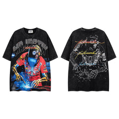 MAJESTIK Vintage Black Skeleton Robot Double‑Sided Graphic T‑Shirt