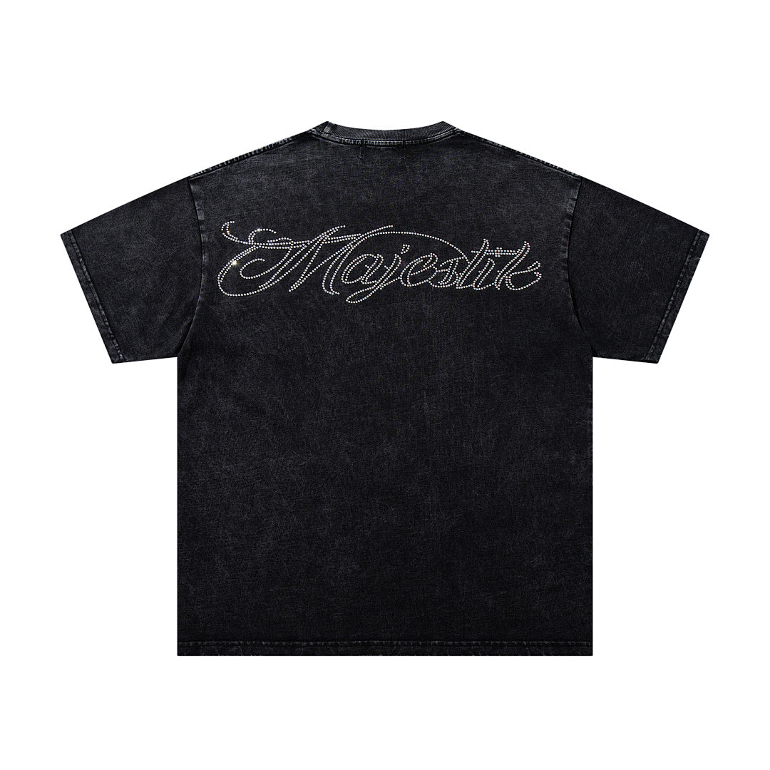 MAJESTIK Black Washed Vintage Mask‑Figure Double‑Sided Graphic Band‑Style T‑Shirt