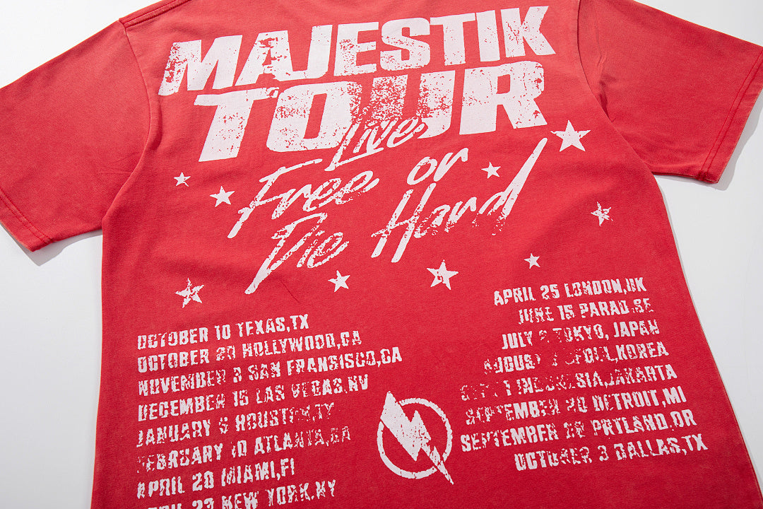 MAJESTIK Red Washed Vintage Tour‑Theme Double‑Sided Band‑Style Graphic T‑Shirt
