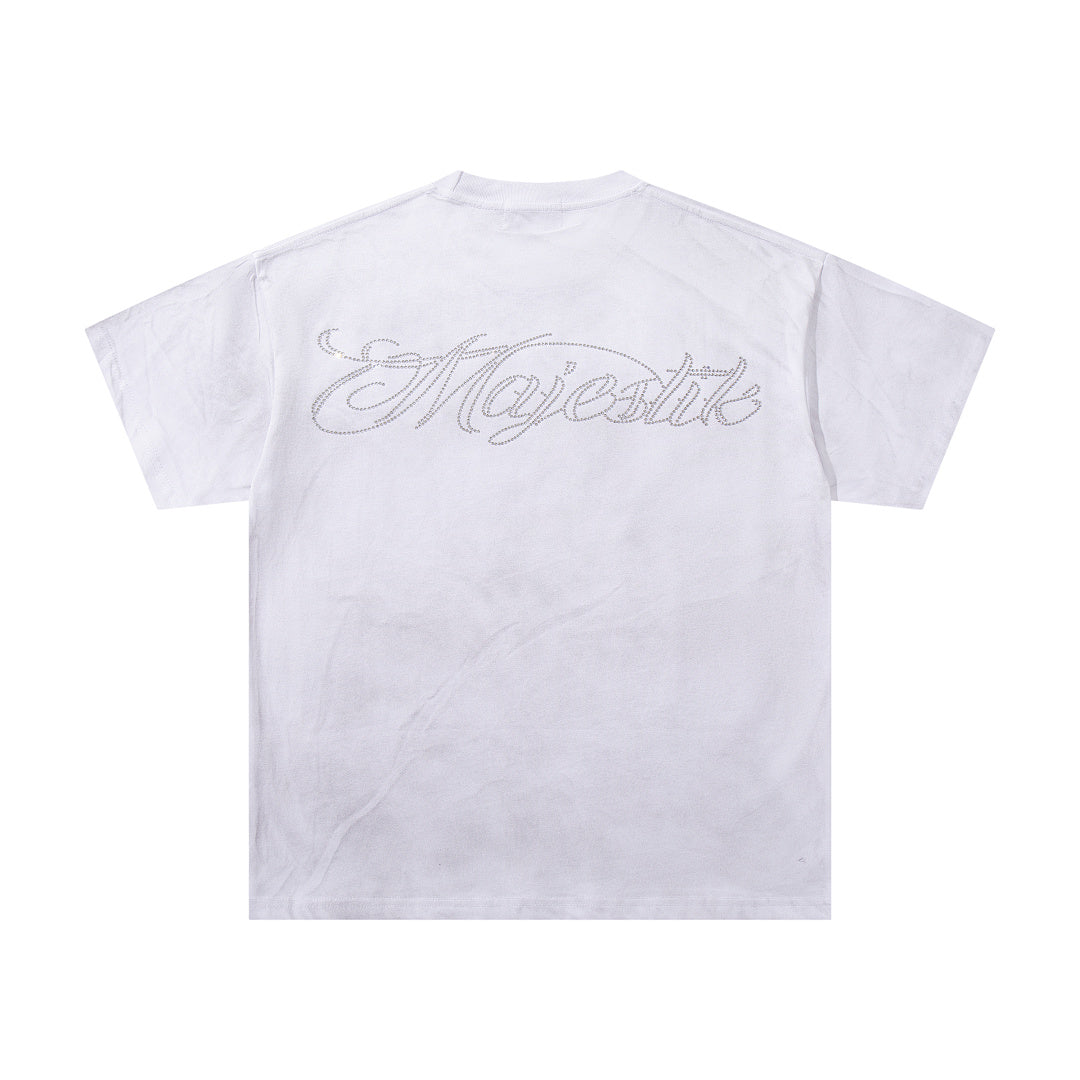 MAJESTIK Off‑White Washed Vintage Eagle Tour Graphic Band‑Style T‑Shirt