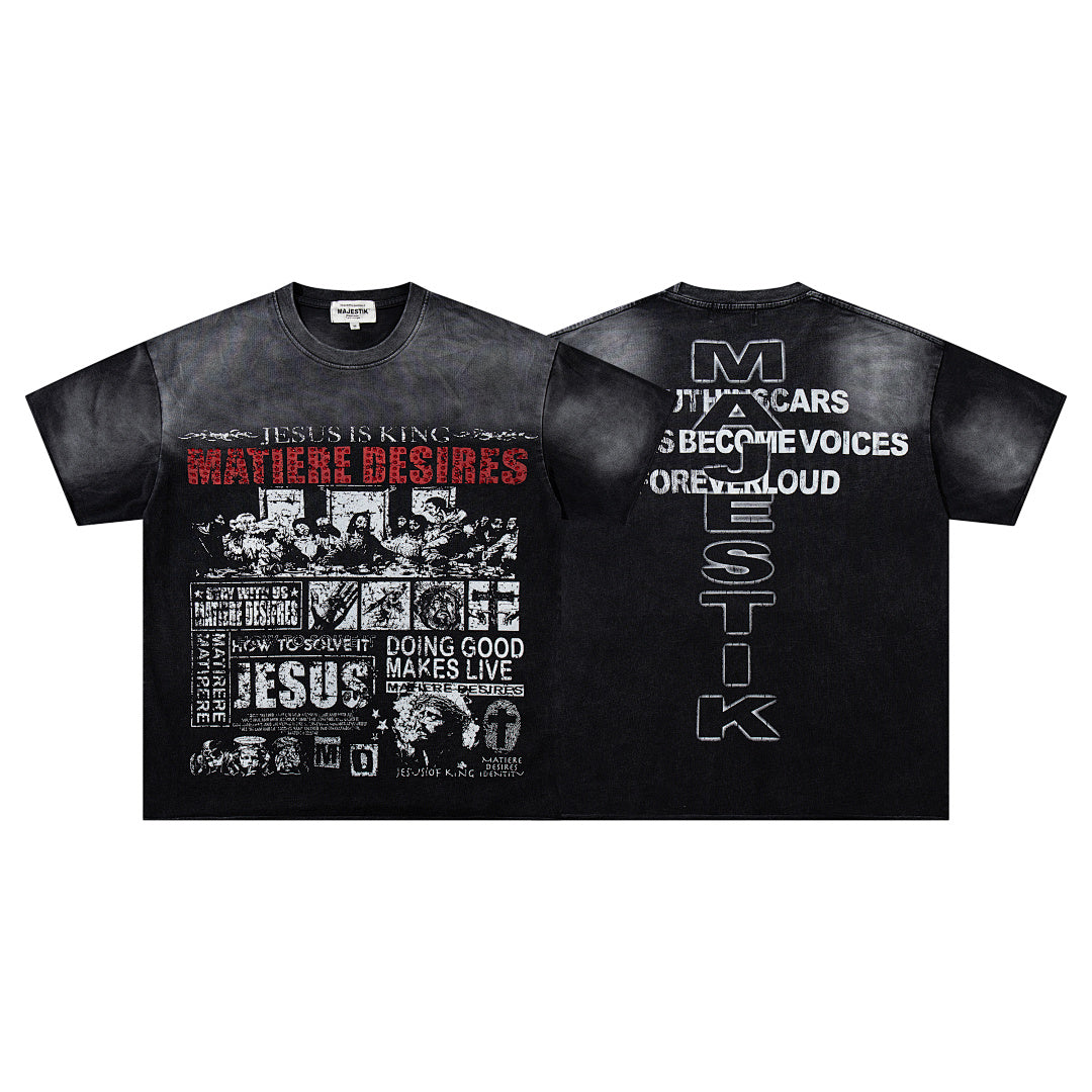 MAJESTIK Black Washed Vintage Text Collage Double‑Sided Graphic Band‑Style T‑Shirt