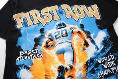 MAJESTIK Vintage Black FIRST ROW Football Player Double‑Sided Graphic T‑Shirt