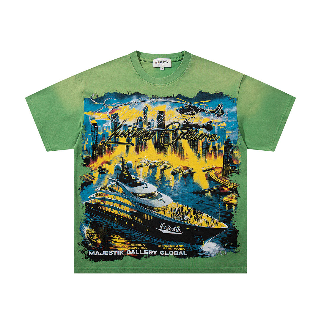 MAJESTIK Green Washed Vintage Tour Cruise City Double‑Sided Band‑Style Graphic T‑Shirt