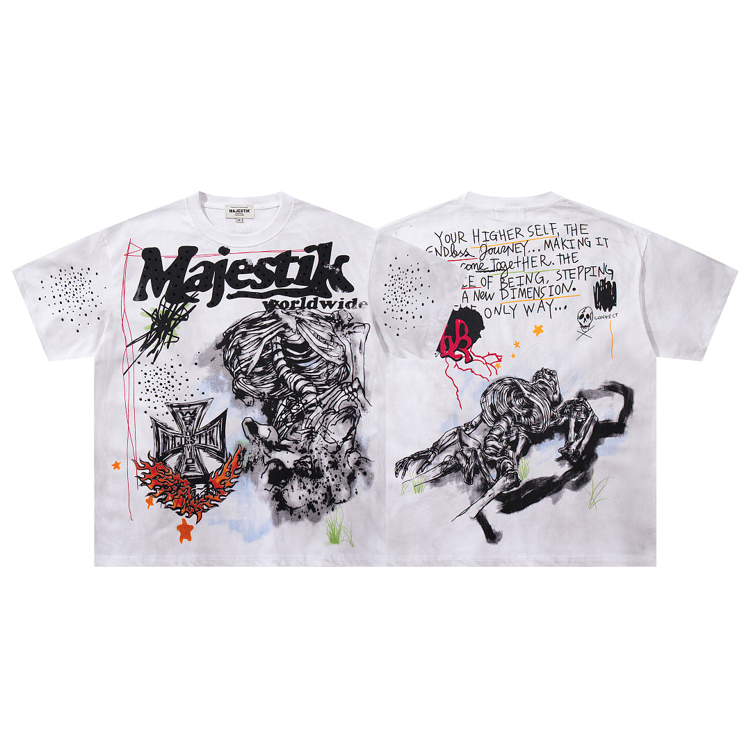 MAJESTIK White Washed Graffiti Street Art Vintage Graphic T‑Shirt