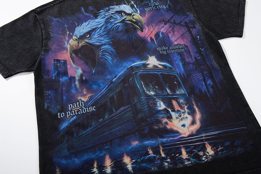 MAJESTIK Dark Castle Dragon Rock Vintage Graphic T‑Shirt