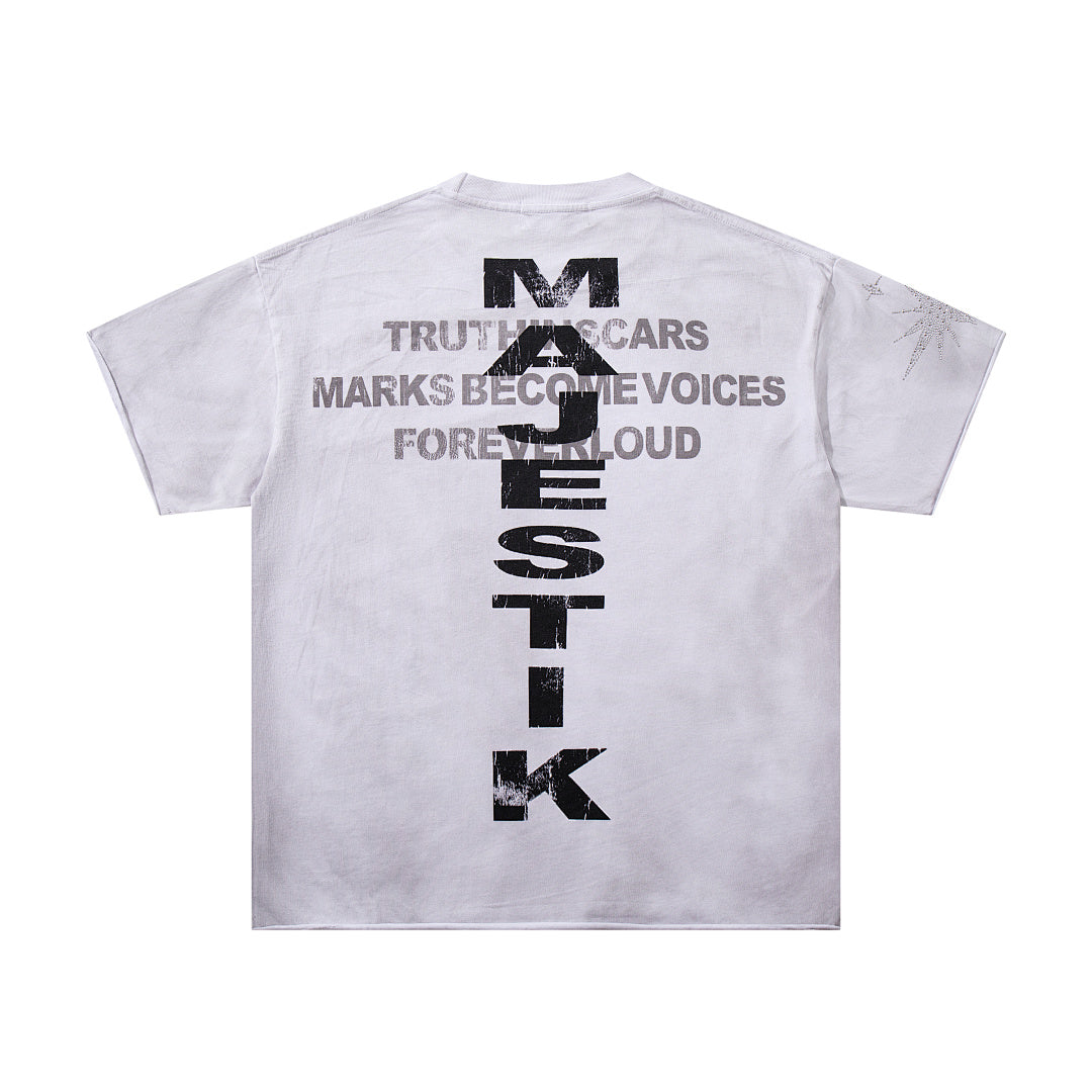 MAJESTIK Off‑White Washed Vintage Hand Graphic Double‑Sided Band‑Style T‑Shirt