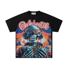 MAJESTIK Black Vintage Tropical Skull Band‑Style Graphic T‑Shirt