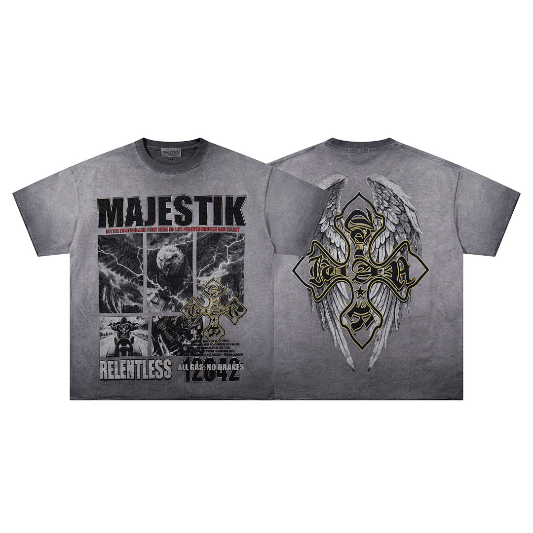 MAJESTIK Grey Black Washed Vintage Portrait Totem Double‑Sided Graphic Band‑Style T‑Shirt