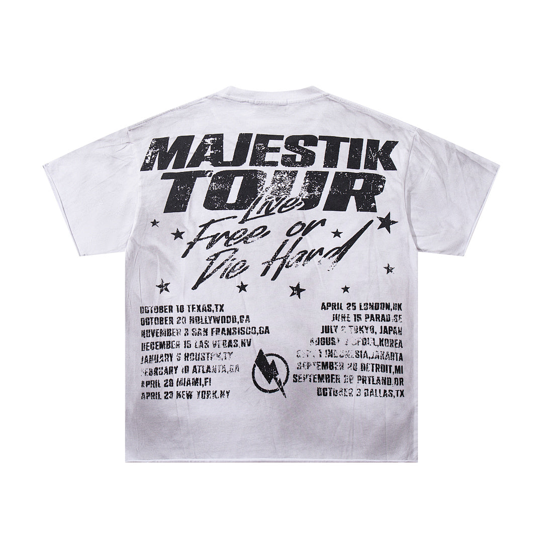 MAJESTIK Off‑White Washed Vintage Statue Of Liberty Tour Poster Double‑Sided Band‑Style T‑Shirt