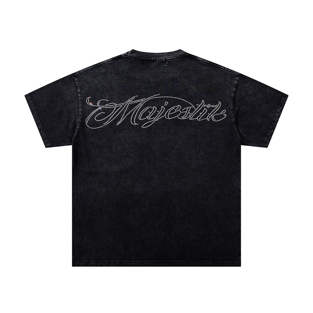 MAJESTIK Black Washed Vintage Motorcycle Racer Double‑Sided Graphic Band‑Style T‑Shirt