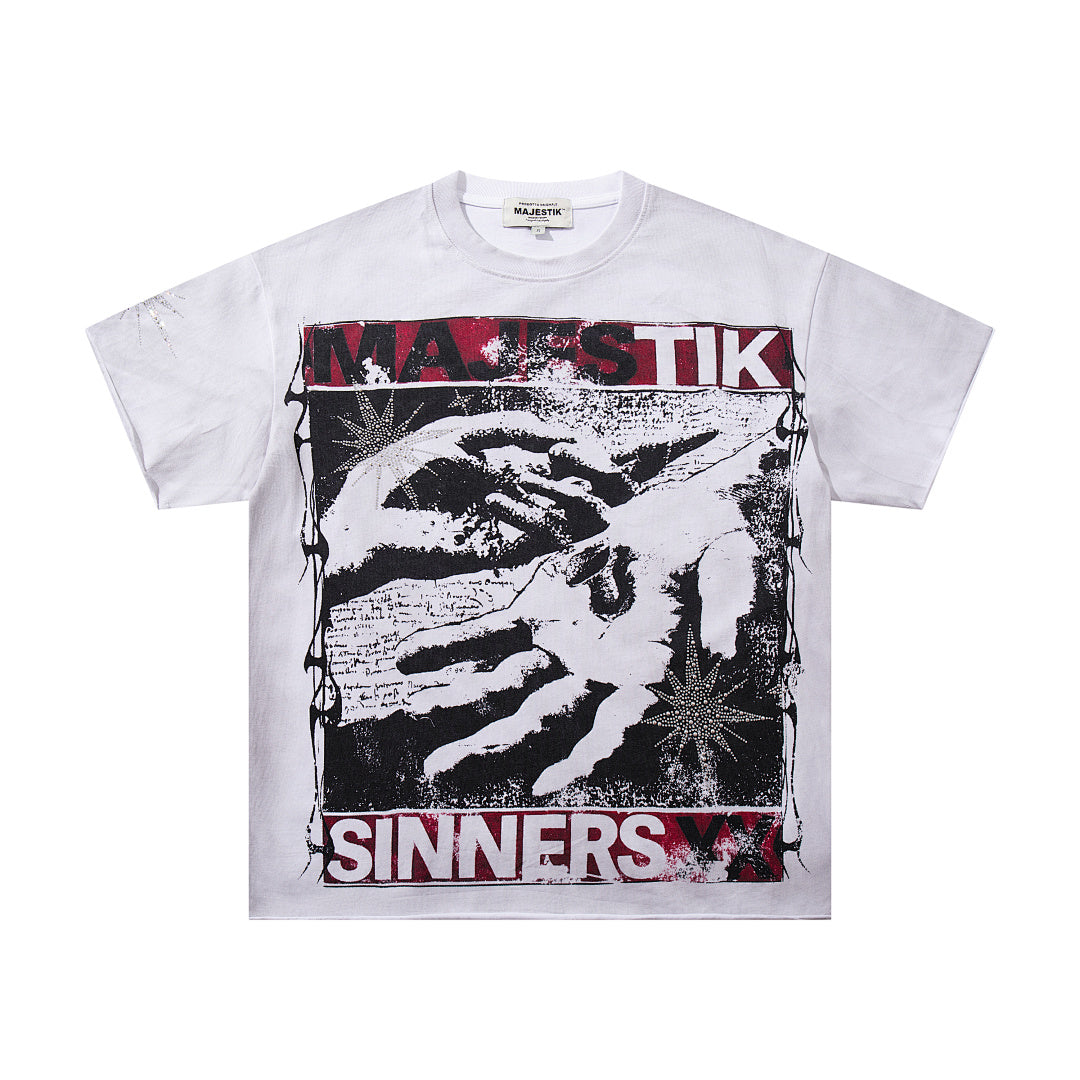 MAJESTIK Off‑White Washed Vintage Hand Graphic Double‑Sided Band‑Style T‑Shirt