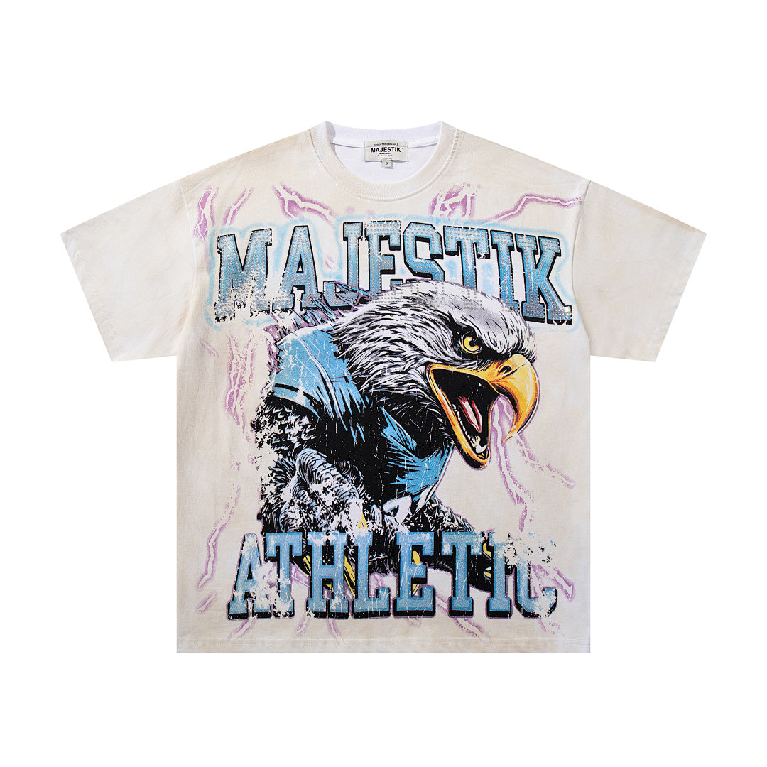 MAJESTIK Off‑White Washed Vintage Eagle Number 27 Athletic Double‑Sided Graphic Band‑Style T‑Shirt
