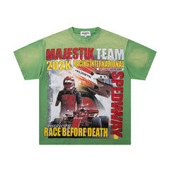 MAJESTIK Green Washed Vintage Portrait Band‑Style Graphic T‑Shirt
