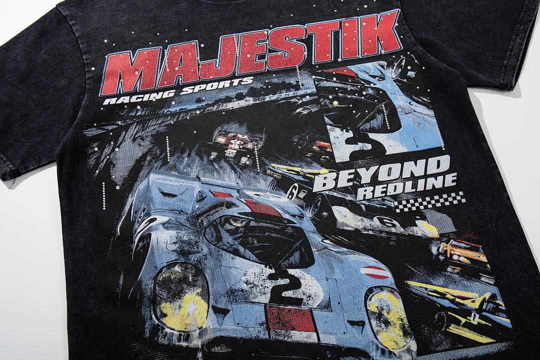 MAJESTIK Black Washed Vintage Motorcycle Racer Double‑Sided Graphic Band‑Style T‑Shirt