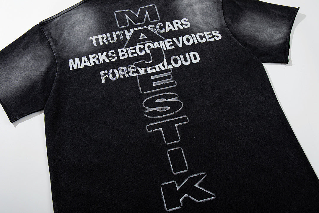 MAJESTIK Black Washed Vintage Text Collage Double‑Sided Graphic Band‑Style T‑Shirt