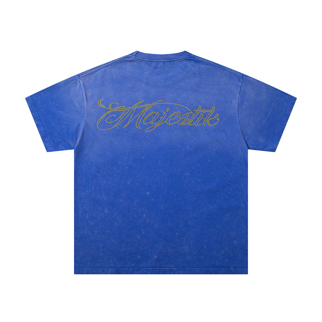 MAJESTIK Royal Blue Washed Football Player Vintage Graphic T‑Shirt