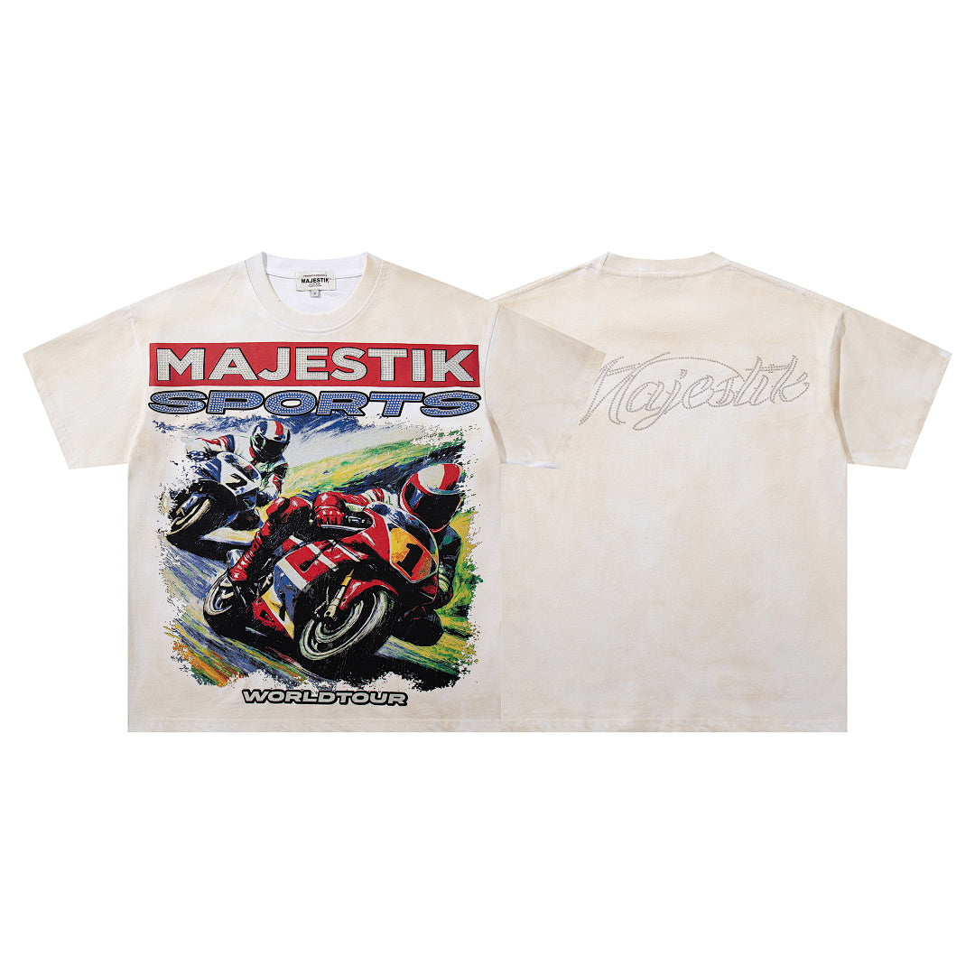 MAJESTIK Off‑White Washed Vintage Motorcycle Racing Graphic Band‑Style T‑Shirt