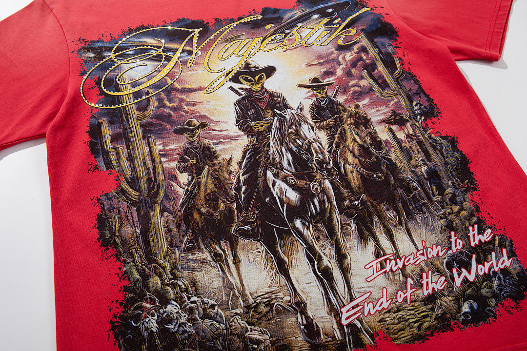MAJESTIK Red Washed Vintage Western Cowboy Double‑Sided Graphic Band‑Style T‑Shirt