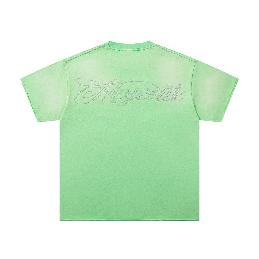 MAJESTIK Light Green Washed Vintage Football Player Double‑Sided Graphic Band‑Style T‑Shirt