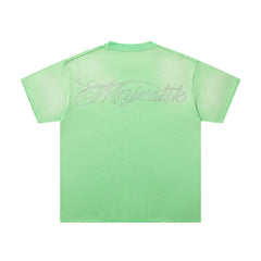 MAJESTIK Light Green Washed Vintage Football Player Double‑Sided Graphic Band‑Style T‑Shirt